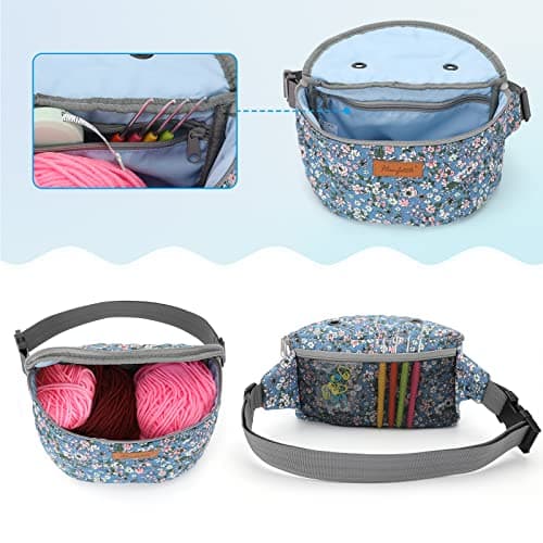 Hanfetch Yarn Crossbody Waist bag Small Yarn Storage Organizer for Yarn Skeins-Organizer for Crochet Hooks and Other Accessories, Flower-Blue, S, Yarn Storage Bag — view 6