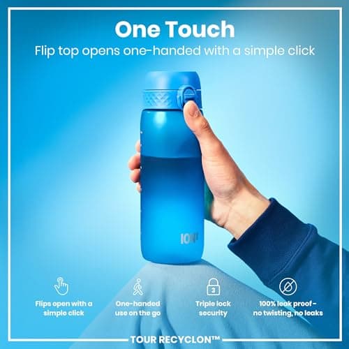 ION8 Sports Water Bottle, 750 ml/24 oz, Leak Proof, Easy to Open, Secure Lock, Dishwasher Safe, BPA Free, Flip Cover, Carry Handle, Soft Touch Contoured Grip, Easy Clean, Odour Free, Blue — view 3