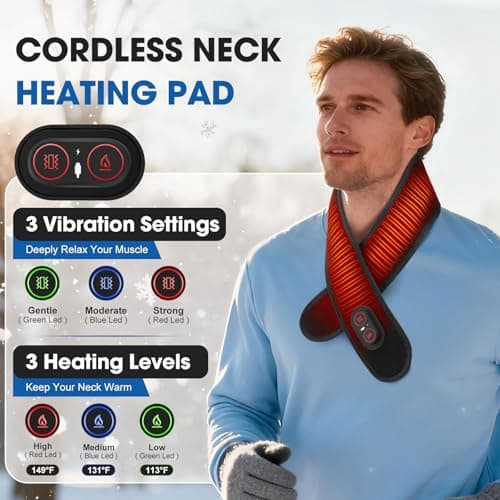 Neck Heating Pad with Vibration, Cordless Heated Wrap with 660nm Red Light, 3 Levels Heat & Vibration, 3000mAh Rechargeable Neck Warmer, Black — view 2