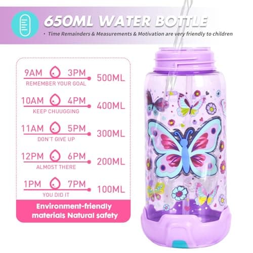PinkSheep Kids Water Bottle with Straw/Lanyard, 650ml Child Drinking Water Bottle, BPA Free Leak-Proof Locking Flip Lid for Kids Girls Boys School Sport Travel (Butterfly) — view 5