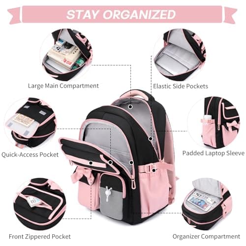 JANSBEN School Bag for Girls Water Resistant Oxford Rucksack Fits A4 Folders Lightweight Teenager Backpack with Anti-Theft Pocket and Chest Strap for Secondary School Campus Commute — view 4