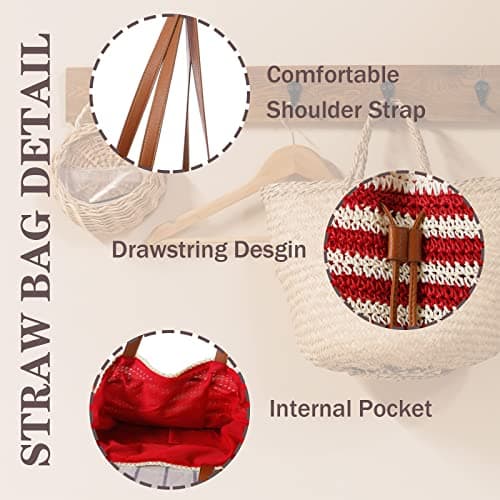 Hixingo Women Straw Bag, Summer Beach Large Hand-Woven Shoulder Bag Bohemian Stripe Straw Bag Crossbody Bag Zipper Tote Bag for Gift Holiday Travel Shopping (40x31x23cm,Grey) — view 5