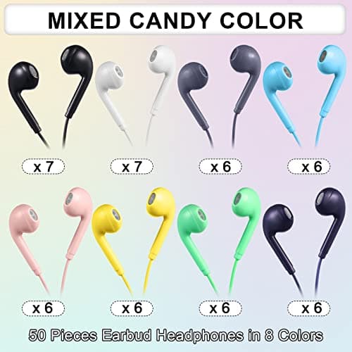 Xinnun 50 Pack Wired Ear Buds with Mic for Student, Simple, Multicolor — view 2