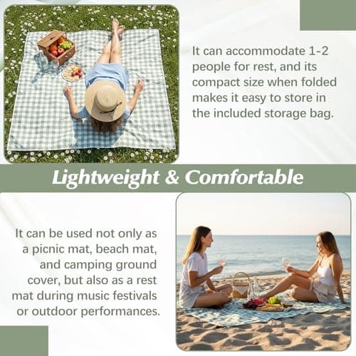HunnmingRe Gingham Pocket Picnic Blanket Lightweight Portable, Sage Green — view 4