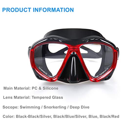 Snorkel Diving Mask Panoramic HD Swim Mask, Anti-Fog Scuba Diving Goggles,Tempered Glass Dive Mask Adult Youth Swim Goggles with Nose Cover for Diving, Snorkeling, Swimming (B-Red) — view 5