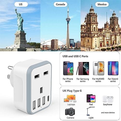 Loydia UK to US Plug Adaptor, 2 pack USA Travel Adapter with 3 USB &1 USB C Ports, 5 in 1 US Plug Adapter from UK to USA, Canada, Thailand, Mexico, Colombia (Type B) — view 3