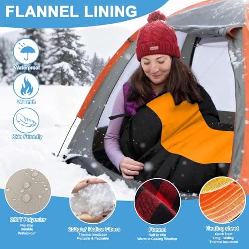 Heated Sleeping Bag, Electric Warm Bag Pad with 3 Adjustable Heating Levels, USB Powered Heating Pads Adjustable Hood, 0 Degree Camping Sleeping Bag Keep Warm for Cold Weather Outdoor Hiking (Orange) — view 3