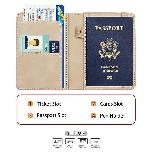 Melsbrinna Premium Leather Passport Holder Covers Case, Waterproof RFID Blocking Travel Wallet Passport Holder with Pen Holder, Cute Passport Book for Women/Men, ELA-Beige, 5.7 x 4.72 x 0.66 inches — view 3
