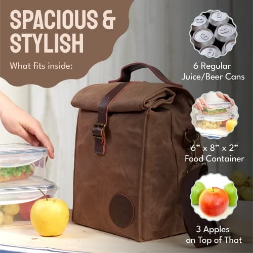 ASEBBO Insulated Lunch Bag for Men, Women - 10L Waxed Canvas Cool Bag with Genuine Leather Handle and Strong Buckle Closure, Reusable Lunch Cooler Bag for Adults Work School Picnic Food (Brown) — view 3