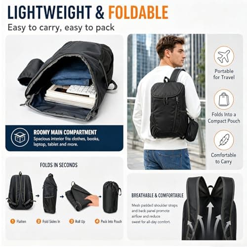 NWDEY Lightweight Foldable Backpack, Waterproof Small Rucksack with Flip Top Main Compartment, 160g Packable Casual Daypack for Men Women Kids, Perfect for Hiking Camping Travel Cycling (Black) — view 4
