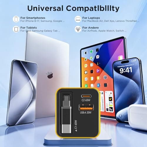 65W USB C Charger, GaN Fast Charging Plug with Retractable USB C Cable 0.7m, 2 USB C + USB A Ports, Compatible with MacBook Pro Air, iPhone 17 16 15 Pro Max, iPad, Samsung Galaxy S25 Ultra S24 — view 6