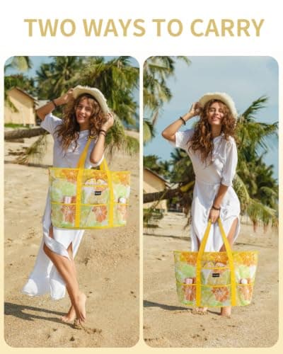 Large Beach Bag with Zip Mesh Beach Bags for Women Men Family, L Lemon — view 6