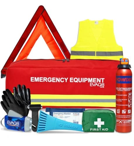 EVAQ8 Car Emergency & Breakdown Safety Kit with Fire Extinguisher – Roadside Car Safety Kit with First Aid, Warning Triangle, Hi Vis Vest, Torch & Carry Bag
