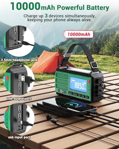 Esky 10000mAh Wind Up Radio, AM/FM Portable Rechargeable Emergency Radio, Flashlight, Reading Lamp, SOS Alarm & Compass, USB/Solar/Hand Crank Charging for Camping, Outdoor, Power Outage, as Gift — view 2