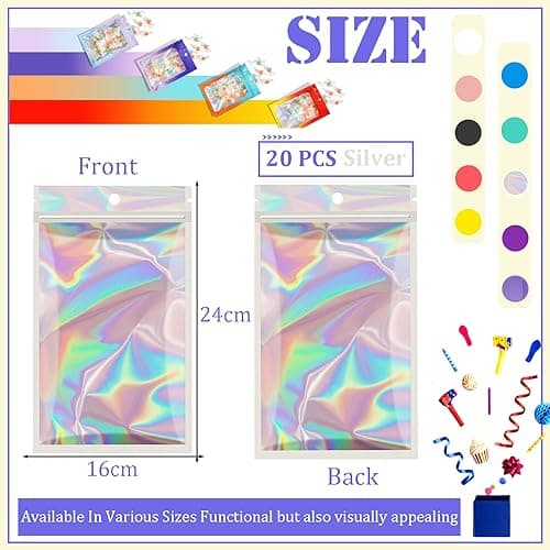 YAAVAAW Silver Foil Ziplock Bags Medium Smell Proof Bag Mylar Holographic Packaging Bags, 20pcs Resealable Storage Pouches Grip Seal Clear Plastic for Food Storage, Jewelry, 6.3x9.5inch(16x24cm) — view 2