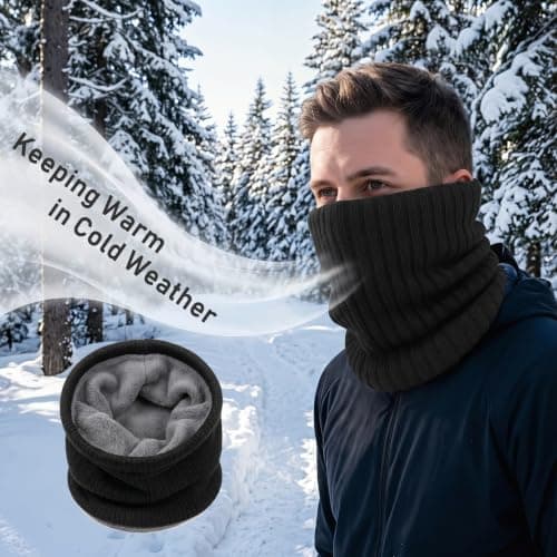 lifwimner 2 Pack Winter Neck Warmer Fleece Infinity Snood Scarf for Mens Women Thermal Knittted Neck Gaiter for Cycling Motorcycle Ski Sports(Black+Darkgrey) — view 4