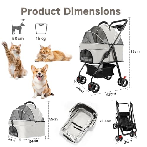 AODI Pet Stroller for Small Dogs and Cats with 4 Wheels, 3 in 1 Foldable Dog Stroller with Detachable Carrier, Breathable Mesh, Storage Basket & Cup Holder, Up to 15 kg (Black) — view 2