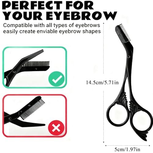Black Stainless Steel Eyebrow Scissors for Women, Professional Non-Slip Finger Grips Eyebrow Scissors, Eyebrow Trimmer with Comb for Women Men, Suitable for Home, Travel and Salon Use — view 2