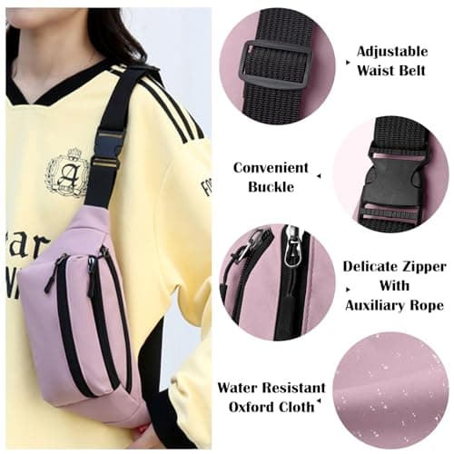 Risipu Bum Bag for Men Women, Lightweight Water-Resistant Waist Packs with Adjustable Belt & 3 Zipper Pockets, Fashionable Fanny Pack for Travel, Running, Hiking, Cycling (Pink) — view 5