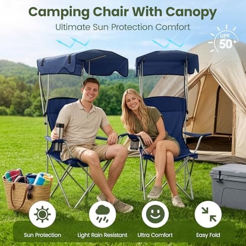 GoDyna Portable Camping Chair with Canopy Shade Folding Outdoor Chair with Cup Holder Heavy Duty Waterproof Beach Fishing Lawn Chair for Camping Picnic Garden Patio Support 175kg (Dark Blue) — view 3