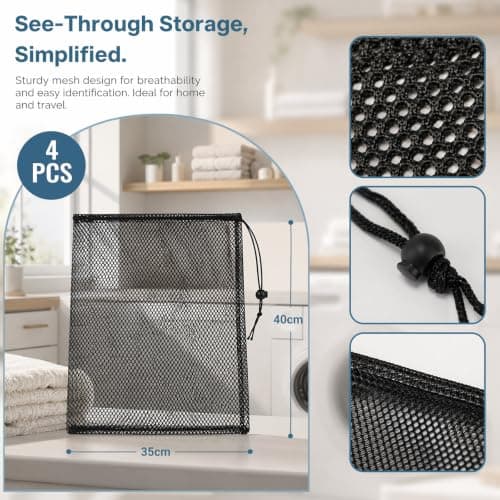 Large Mesh Drawstring Bags 4 Pcs, 35x40cm Black Nylon Net Bag for Beach, Swimming, Pool and Sports, Heavy Duty String Bag for Sand Toys, Gym, Travel and Laundry Storage — view 2