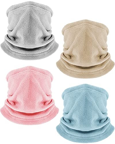Hicarer 4 Pieces Winter Fleece Neck Warmer Snoods for Men Women Gaiter Thick Thermal Windproof Ski Neck Scarf Balaclava(Light Grey, Pink, Light Blue, Beige)