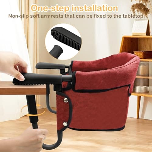 Surplex Folding Baby Hook On Seat, Fast Table Chair, Kids Removable Seat Cushion Portable & Foldable Dining Feeding Chairs, Easy Hook on Table Highchair for Travel & Home with Carry Bag, Red — view 2
