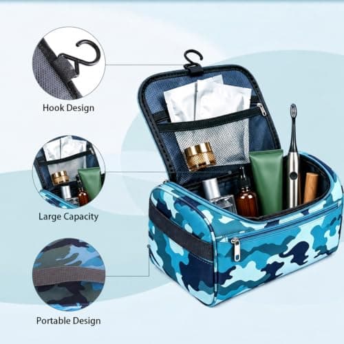 Camouflage Wash Bag for Boys Kids Men, Waterproof Toiletry Bag with Hanging Hook, Portable Travel Wash Bag for School Gym Camping Dorm Bathroom Organizer, Blue Camo 1 Pack（Blue M） — view 5