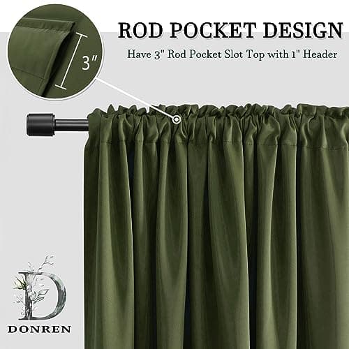 DONREN Olive Green Blackout Curtains 48 Inch Length 2 Panels Set - Rod Pocket Room Darkening Thermal Insulated Curtains & Drapes for Boys Bedroom/Cabin/Loft,W52 x L48 Inches Long — view 2