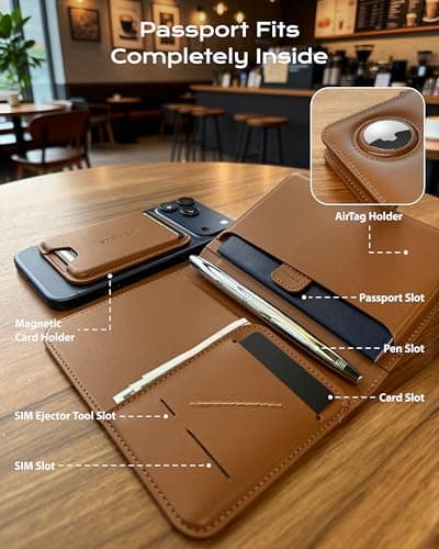 Stouchi Passport Holder Airtag Wallet, AirTag RFID High-Grade Vegan Leather Travel Wallet with Detachable Magnetic Card Case & Quick-Extract Strap (Brown) — view 2