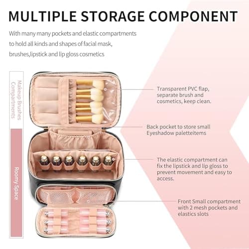 Large Makeup Bag Travel Cosmetic Bag with Makeup Brushes Compartment Black — view 3