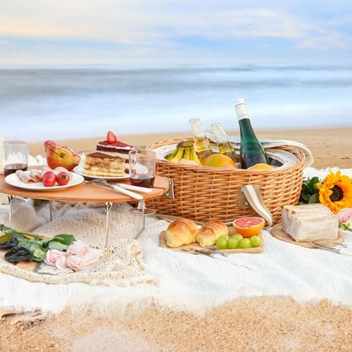 STBoo Picnic Basket for 2, Insulated Wicker Hamper with Table, (Beige New) — view 2