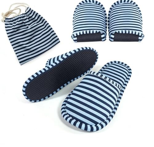EQLEF Outdoor Travel Foldable Portable Non-Disposable Slipper, Medium, Blue Stripes