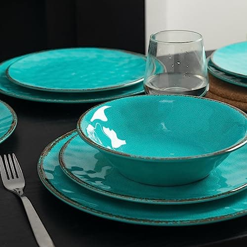 LEHAHA Rustic Melamine Dinnerware Sets, 12-piece Dishes Plastic Dinnerware Set for 4, Break-resistant Plates and Bowls Set, Outdoor Casual & Party Use Kitchen Dishes Set, Teal… — view 3