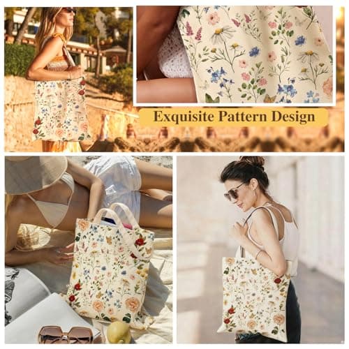 Crilemonis Floral Canvas Tote Bag for Women, Reusable Washable Foldable Shopping Bag with Double-Sided Flower Print, Lightweight Shoulder Bag for Travel, Work, Grocery, Beach and Daily Use — view 2