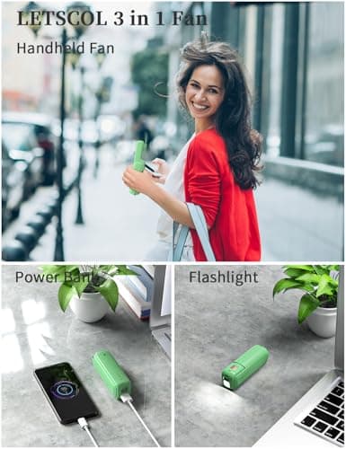 LETSCOL Handheld Mini Fan, 3 in 1 Hand Held Cooling Device, Portable and Personal with Power Bank & Flashlight, Foldable for Travel, Desk, Makeup (Light Green) — view 2