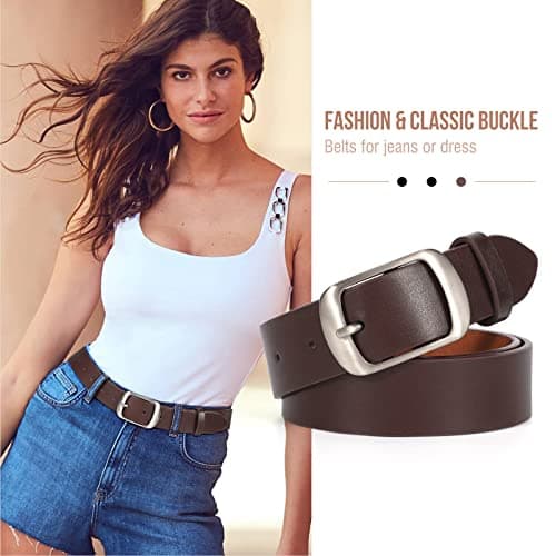 JASGOOD 2 Packs Women Faux Leather Belts for Jeans Fashion Ladies Waist Belt Black Coffee Small — view 3