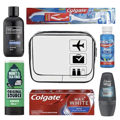 Men’s Travel Toiletries Set– Airport Security Approved, Clear Travel Bag, Shampoo, Shower Gel, Anti-Perspirant Roll On Deodorant, Toothpaste, Mouthwash, Foldable Toothbrush. Perfect for Holidays