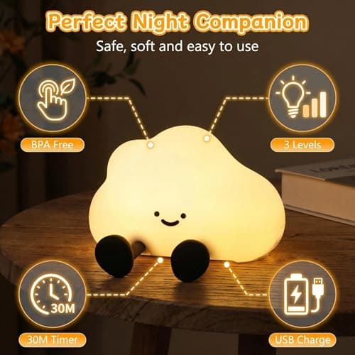 PORUPAEL Cloud Night Light, Cute LED Silicone Squishy Lamp, USB Rechargeable & 3-Level Dimmable, Portable Bedside Touch Night Lamp with Timer, Gift for Girls, Boys, and Teens — view 2