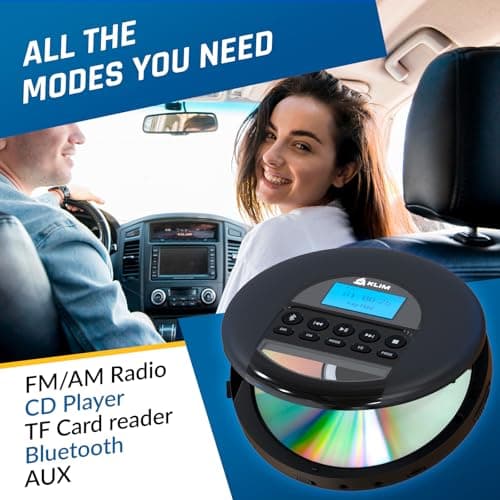 KLIM Nomad Portable CD Player with Long-Lasting Battery - with Headphones - Radio FM - Compatible MP3 CD Player Portable - 16GB TF Card - Radio FM Bluetooth - Ideal for Cars - Black — view 3
