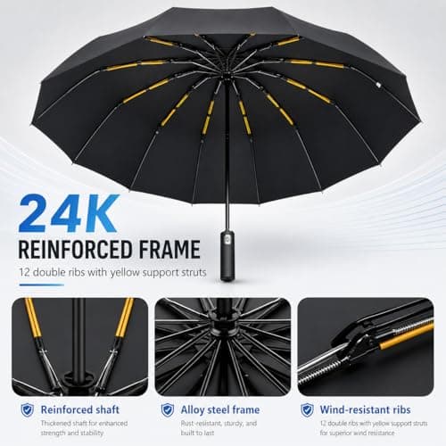Exquisgoods 24K Strongest Windproof Travel Compact Umbrella Sturdy Frame Automatic Umbrella for Women & Men (Black) — view 2