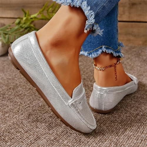 Leather Penny Loafers for Women Slip‑On Flats Pumps Moccasin (Silver 4 UK) — view 4