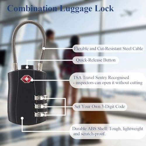 TSA Approved Luggage Locks (2 Pack) - 3 Digit Combination Padlock with Flexible Cable, Black Security Suitcase Locks for Travel Bags, Gym Lockers and Backpacks. — view 4