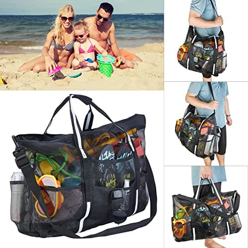 MOPHOEXII Extra Large Mesh Beach Bags Pool Bags，Vacation Beach Toy Bag Swimming Bag Packable Beach Bag Mesh Tote Bag for Women and Men, Black, Black, Large — view 2