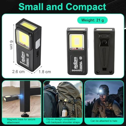 Adiwo Clip on Flashlight, Hands Free Flashlight, Compact Pocket LED Light, Rechargeable EDC Torch, Super Bright Torch with Magnetic Base, Red & Blue Strobe for Flashing Camping Hiking Walking Running — view 2