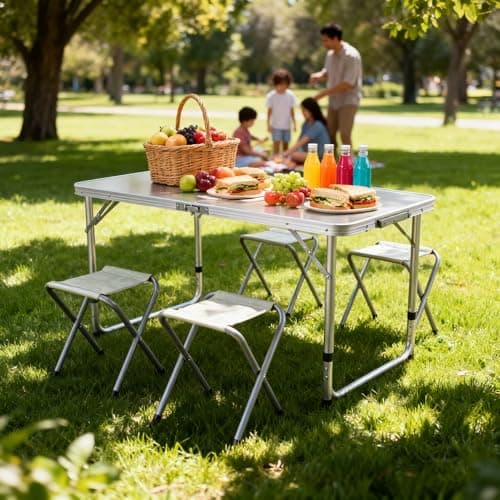 DANIEL JAMES Folding Camping Table and 4 Stool Set – Portable Picnic Table with Stools, Aluminium Frame & Carry Case – Foldable Outdoor Table for Camping, Garden, Beach & Festivals | 120x60cm — view 2