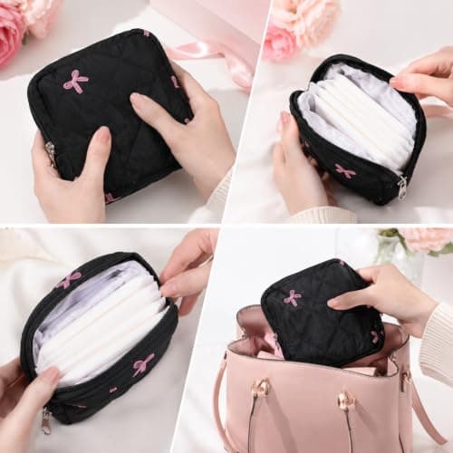 Portable Sanitary Bags for Teen Girls, Quilted Sanitary Napkin Storage Bag Cute Bow Period Pouch for Pads Reusable Period Bags with Zipper Sanitarys Napkin Storage Pouch First Gift for Women(Black) — view 5