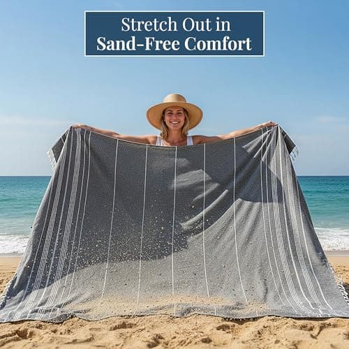 LANE LINEN Big Beach Blanket XL – Turkish Cotton Oversized Quick Dry Towel – XXL Sand Free 208x208 cm Towel for Camping, Travel, Beach, and Picnic Essentials - Smokey Black — view 3