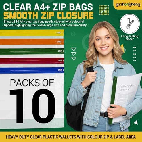 Pack of 10 A4 Plus Waterproof Zip Bags – Clear Plastic Wallets with Writable Label Panel & Colour Zip – Reusable Ziplock Pouches for School, Office, Travel, Artwork, Documents & Stationery Storage — view 2