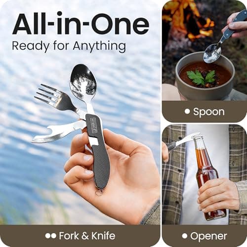 Orblue 4-in-1 Camping Utensils, 1-Pack, Portable Stainless Steel Spoon, Fork, Knife & Bottle Opener Combo Set - Travel, Backpacking Cutlery Multitool, Black — view 2